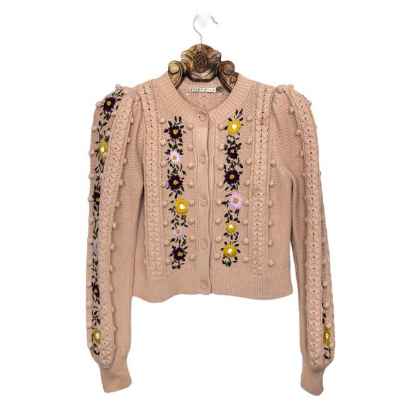 Alice + Olivia Cardigan Kitty Floral Embroidered Pom Tan Cable Knit Sweater xs - Picture 1 of 10